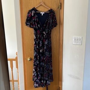 Addition Elle Pink and Purple Wrap Midi Dress with Flutter Sleeves